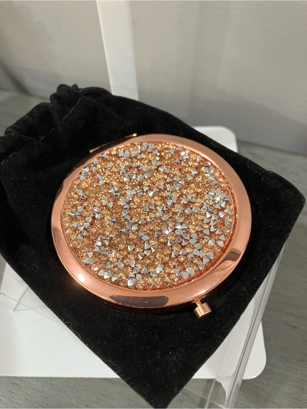 Rose Gold Crystal Compact Mirror - Pocket Makeup Accessory